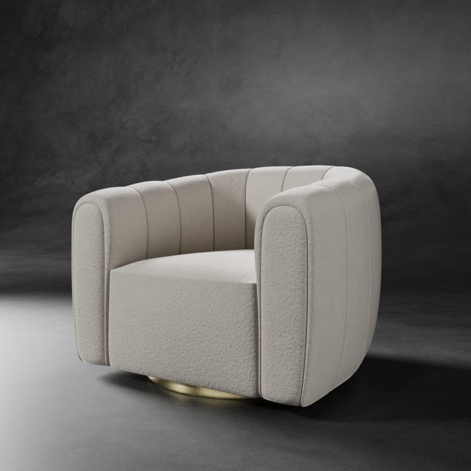 Custom upholstered lounge chair, rear detail view